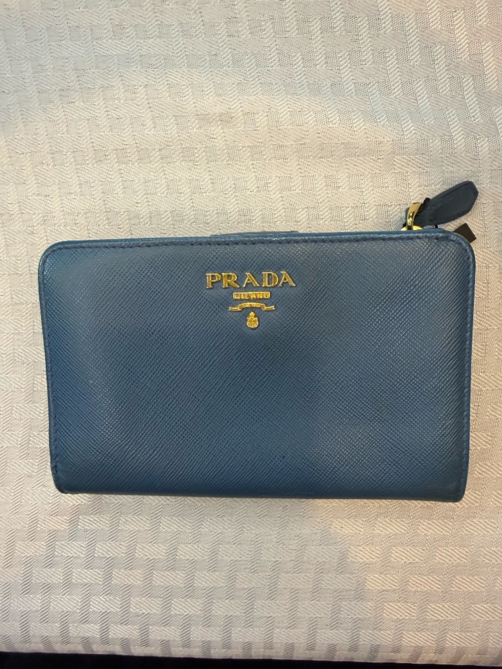 Prada Blue Saffiano Leather Compact Bifold Wallet Gold Logo